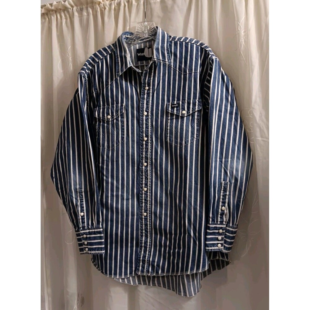 Vtg Men Wrangler Denim Striped Pearl Snap Western Shirt Sz XL Rodeo Festival 90s